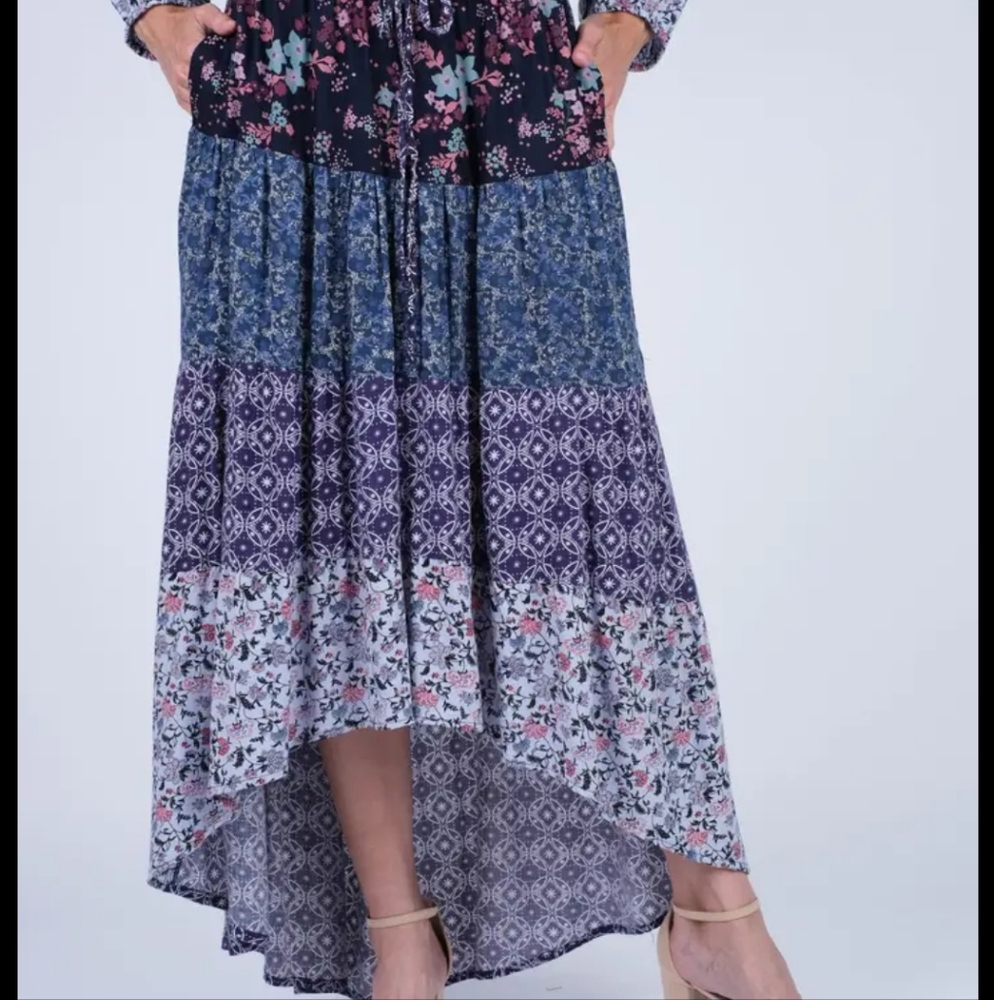 67. NWT Sacred Threads Blue and Purple Floral Hi-Lo Maxi Skirt